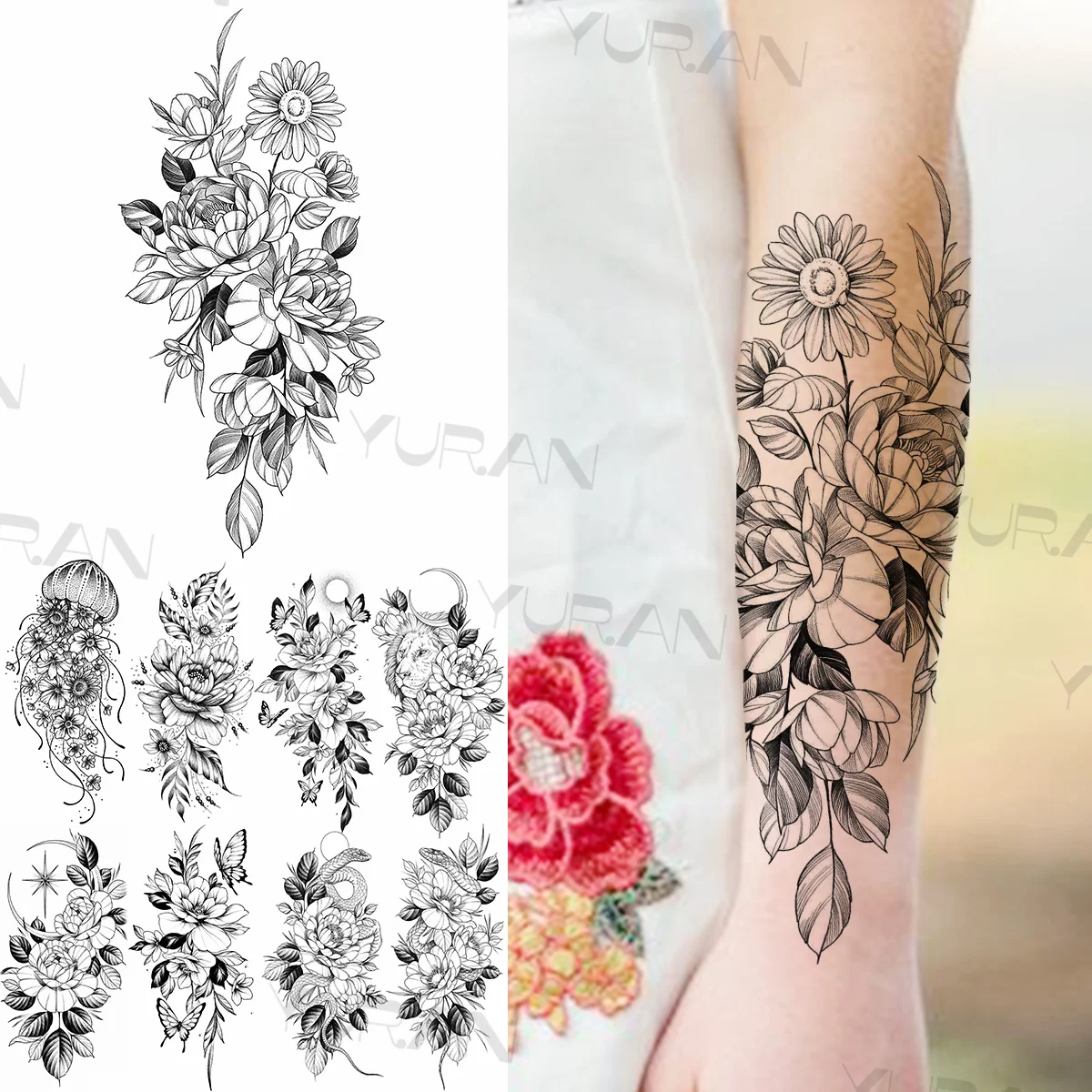 

Black Sun Flower Temporary Tattoos For Women Girls Realistic Jellyfish Butterfly Lion Fake Tattoo Sticker Forearm Body Tatoos 3D