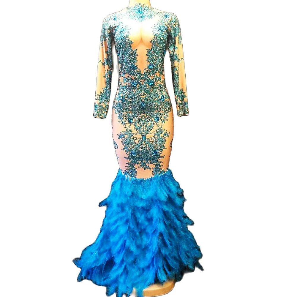 

Blue Pattern Printing Fishtail Long Trailing Dresses Feather Rhinestones Dress Party Evening Costume Nightclub Dance Show Wear