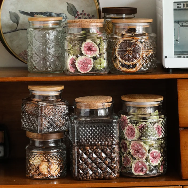 

1PC Square/Round Glass Jar With Lid Sealed Food Container Grain Coffee Tea Storage Decorative Glass Jar Tank Kitchen Accessories