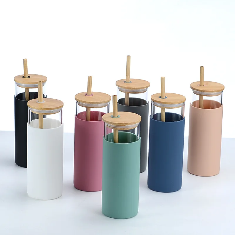 

500ML Portable Silicone Glass Bamboo Lid Straw Water Cup Sports Water Bottle Coffee Cup With Straw Outdoor Travel Home Office