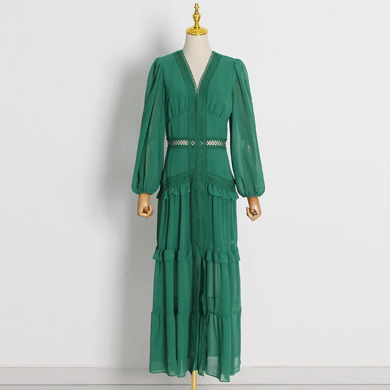 

SeeBeautiful Hollow Out Lace Stitching Ruffles Loose Dress V-neck Long Sleeve Women Summer Autumn 2022 New Fashion Q453