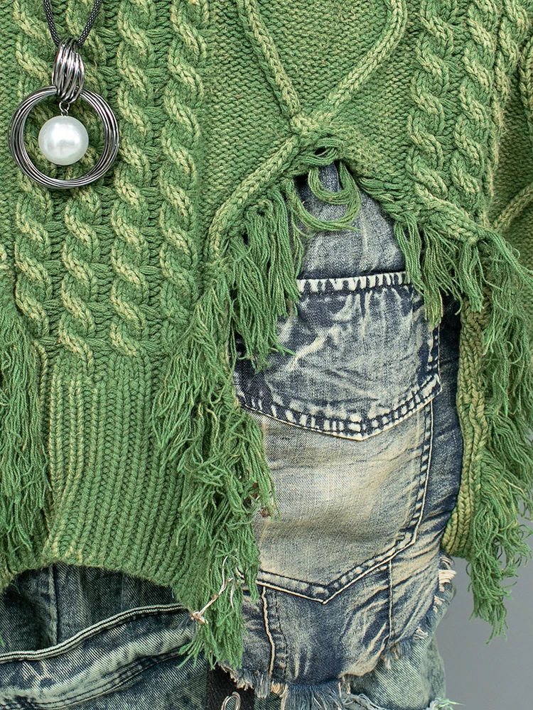 Женский джинсовый свитер с круглым вырезом и джинсы вязаный шерстяной костюм из