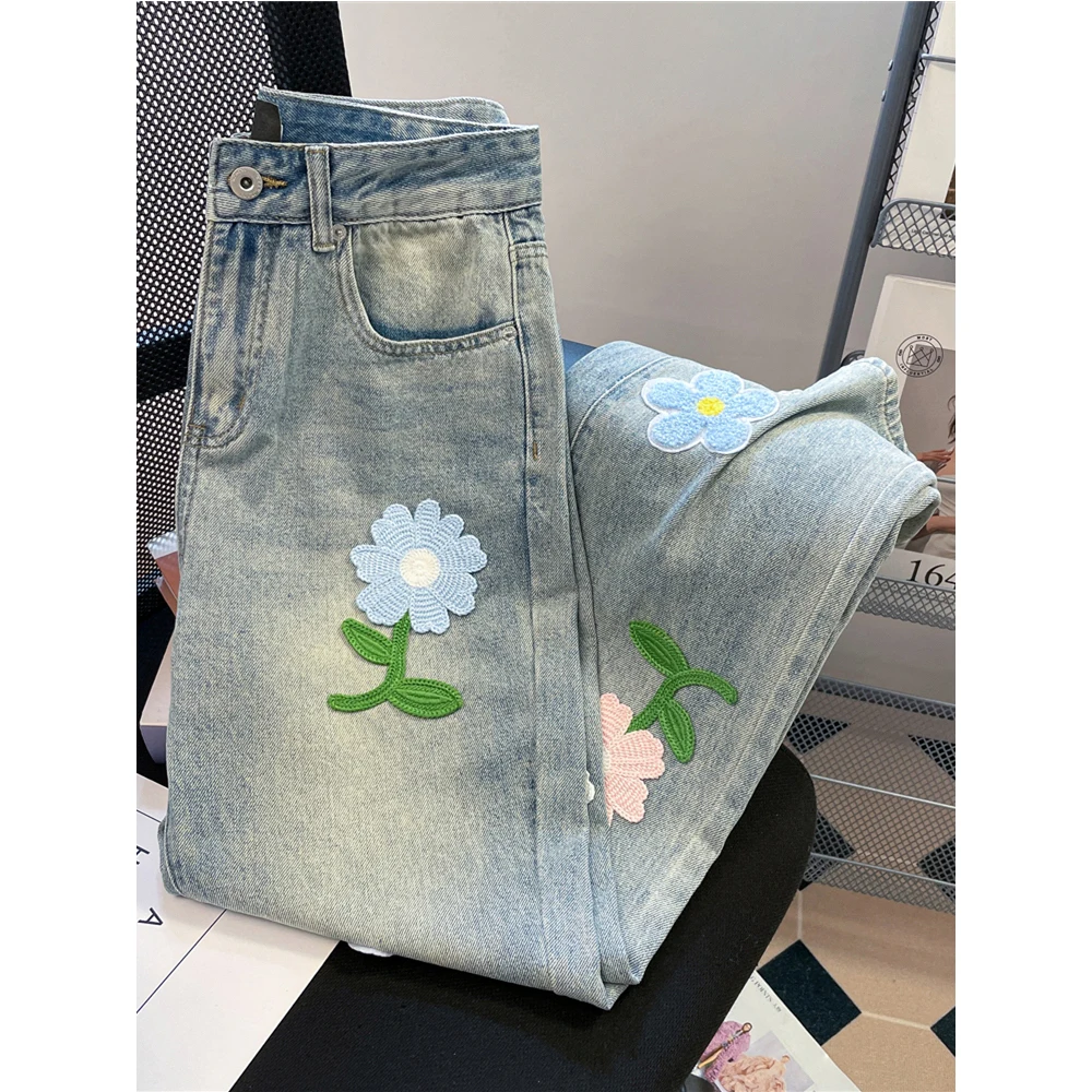 Женские широкие джинсы с цветочной аппликацией Vinatge прямые свободные джинсовые