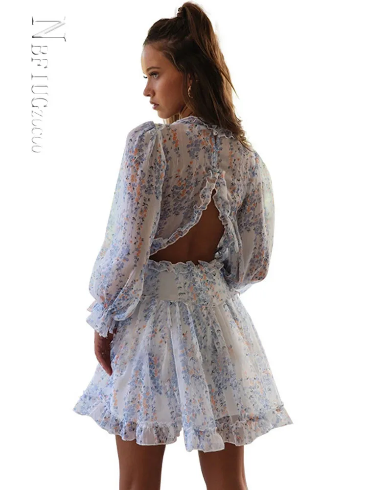 

2022 Spring Floral V Neck Women Dress Long Sleeve Female Dresses