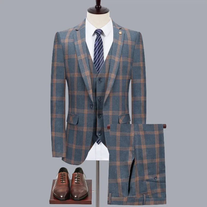 

2022 New Suit Suit Men's Three-piece Plaid British Korean Version Slim Suit Casual Wedding Dress Business Formal Dress