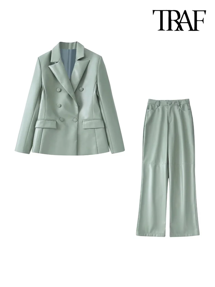 

TRAF Women Fashion Faux Leather Double Breasted Blazer And High Waist Zipper Fly Pu Trousers Female Suits Mujer