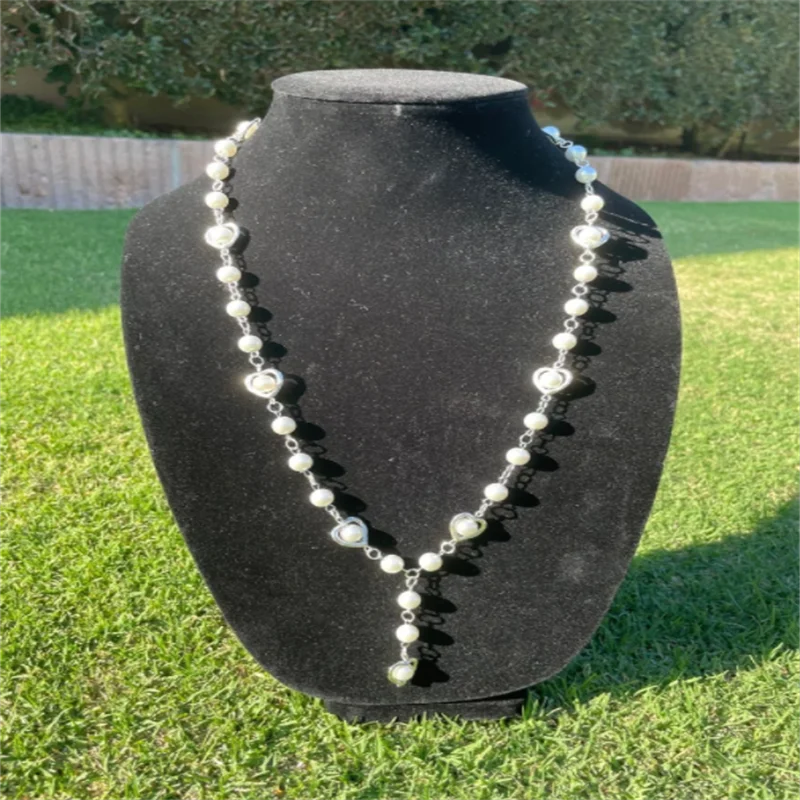

Handmade Heart Shaped Pearl Rosary Necklace Fairy core Witch Jewelry Pixie Fairycore Cottagecore Layered Necklace Rosary Necklac