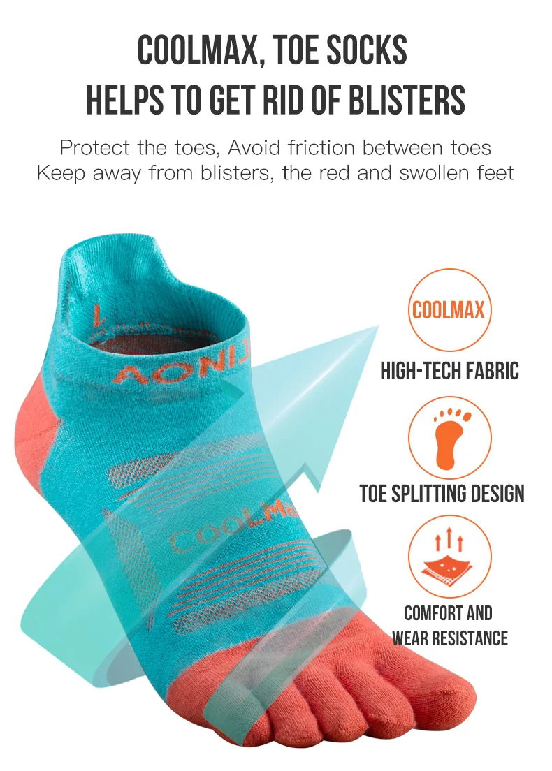 AONIJIE 3 Pairs E4801 E4802 Quality Coolmax Comfortable Quarter Socks Running Toe Socks Men Women Breathable Five Fingers Socks
