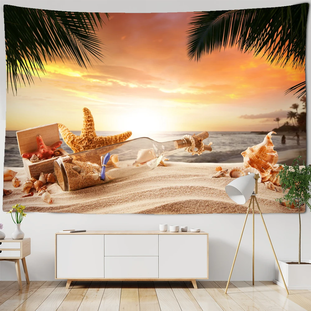 

Sunset Beach Seaside Tapestry For Bedroom Beautiful Landscape Sunset Sea Wave Wall Hanging Fabric Background Ceiling Home Decor