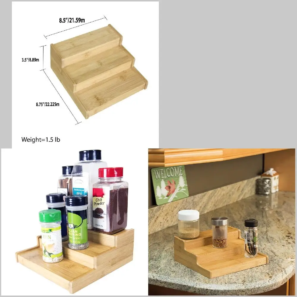 

ountertop Stand for Organizing Spices. Unique Natural Bamboo 8-Tiered Countertop Spice Rack Stand with 8 Removable Hooks for Kit