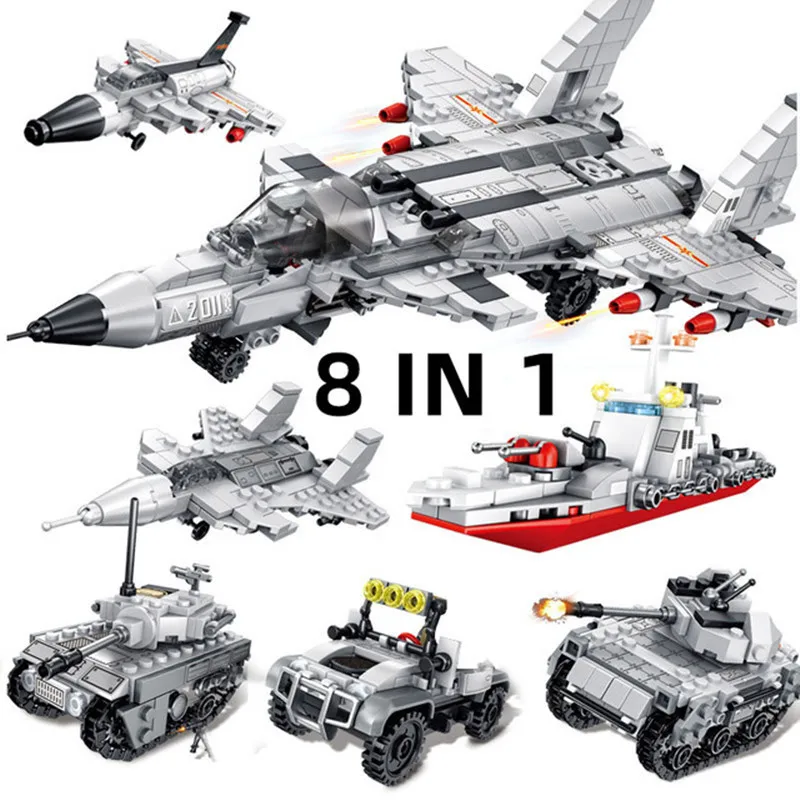 

8 in 1 military helicopter armored tank armored car aircraft aviation bomber World War II model building blocks building toy boy
