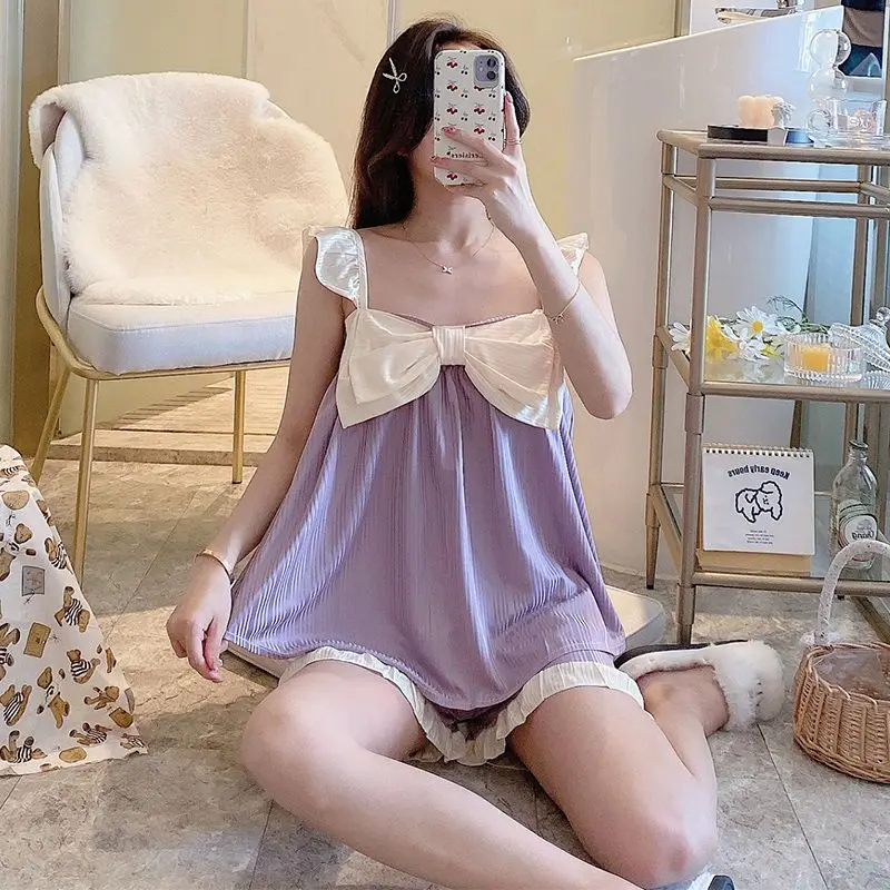 Women Pajamas Summer Shorts Kawaii Pajama Lovely Bow Front Sleeveless Pijamas Two Piece Set Summer Cotton Homewear New Sleepwear
