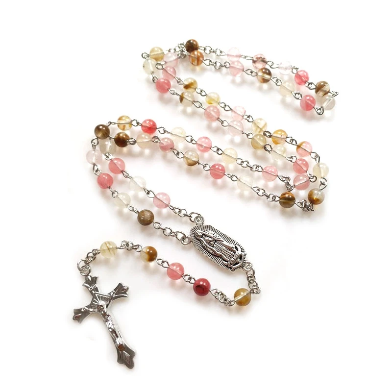 

QIGO Cross Pendant Glass Beads Strand Rosary Necklace Religious Long Jewelry For Men Women