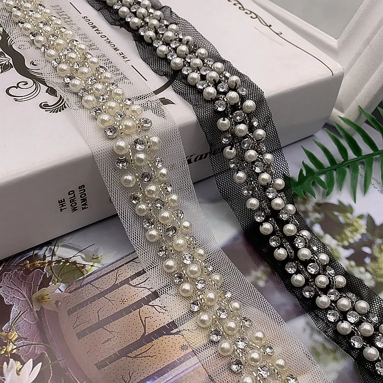 

2 Yards Mesh Cloth Bottom Hand Beaded Pearl Lace Beaded Barcode Fashion Clothing Decoration DIY Accessories