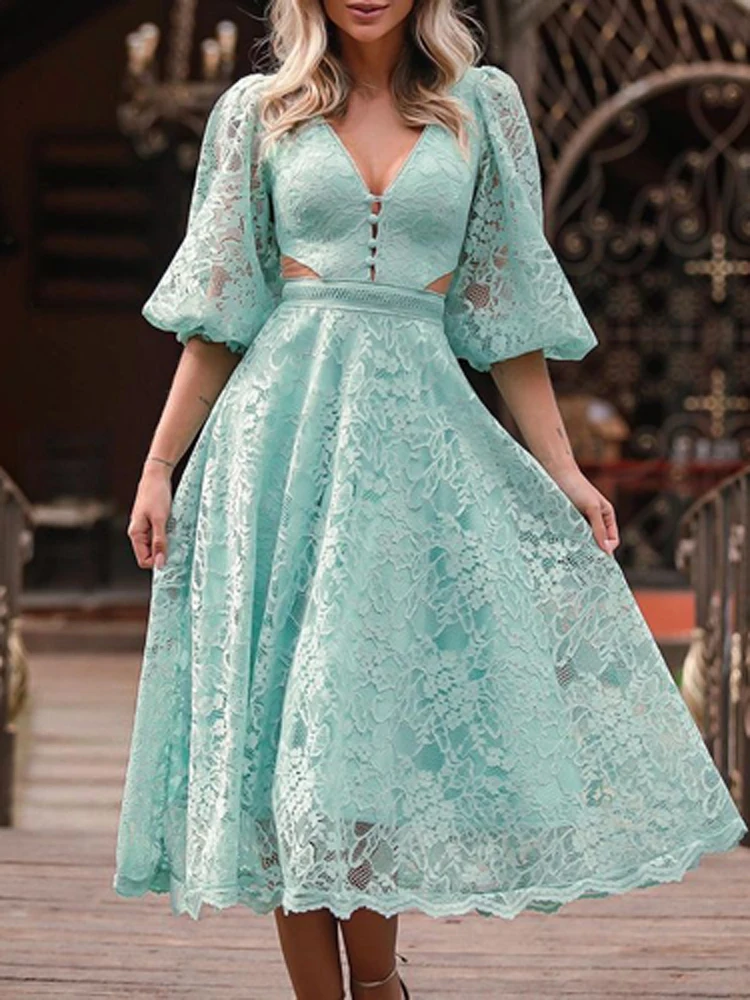 

Women Elegant V Neck Buttons Hollow Out Dress Spring Embroidery Flower Lace Crochet Party Dress Summer Lantern Sleeve Long Dress