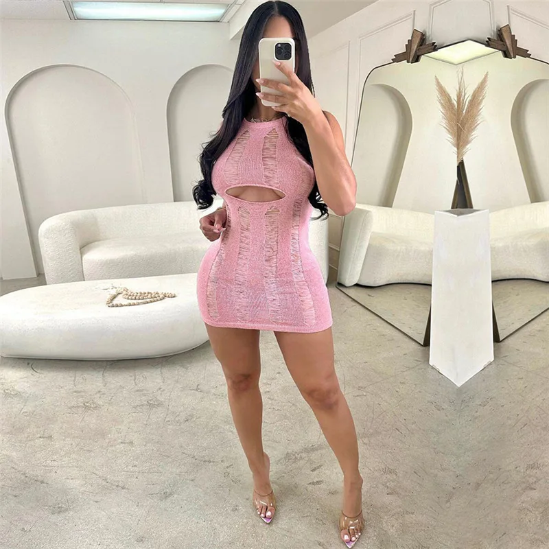 

Sexy Knitted Hollow Out Mini Dress Women Lounge Wear Hole Sleeveless Bodycon Club Party Beach Wear Dresses Streetwear Robe Y2K