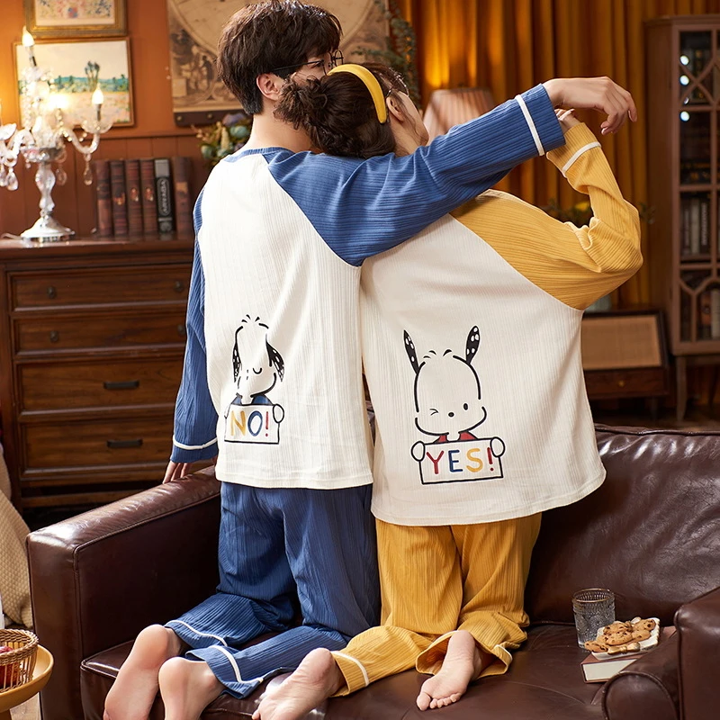 CAIYIER Cute Couple Pajamas Set Winter Cotton Grid Long Sleeve Sleepwear Suit Women & Men Sweet Nightwear Lovers Home Clothing