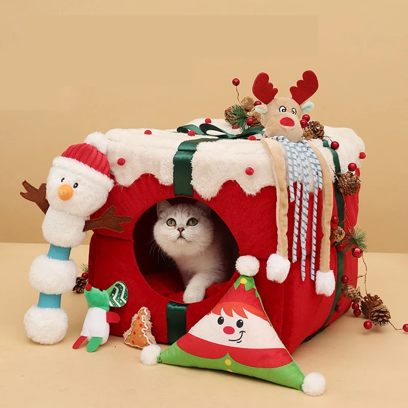 

Christmas Cat House Kennel Puppy Cushion Small Dogs Cats Nest Winter Warm Sleeping Pet Dog Bed Mat Supplies Christmas Gift Box
