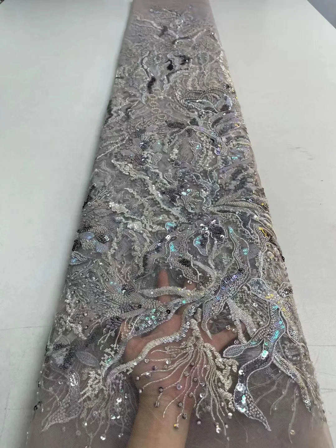 

5 Yards Grey Sequins African Lace Fabric 2022 Tulle Luxury French Net Lace Fabric With Beads For Nigerian Wedding