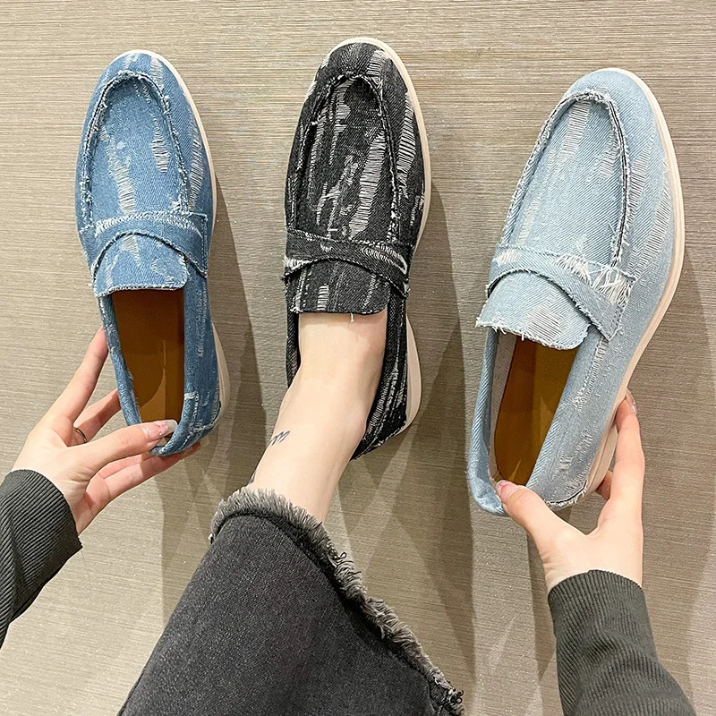 Spring Low Cut Blue Women's Canvas Shoes Non-slip Breathable Loafers for Women Soft Comfortable Casual Shoes Women Size 36-42
