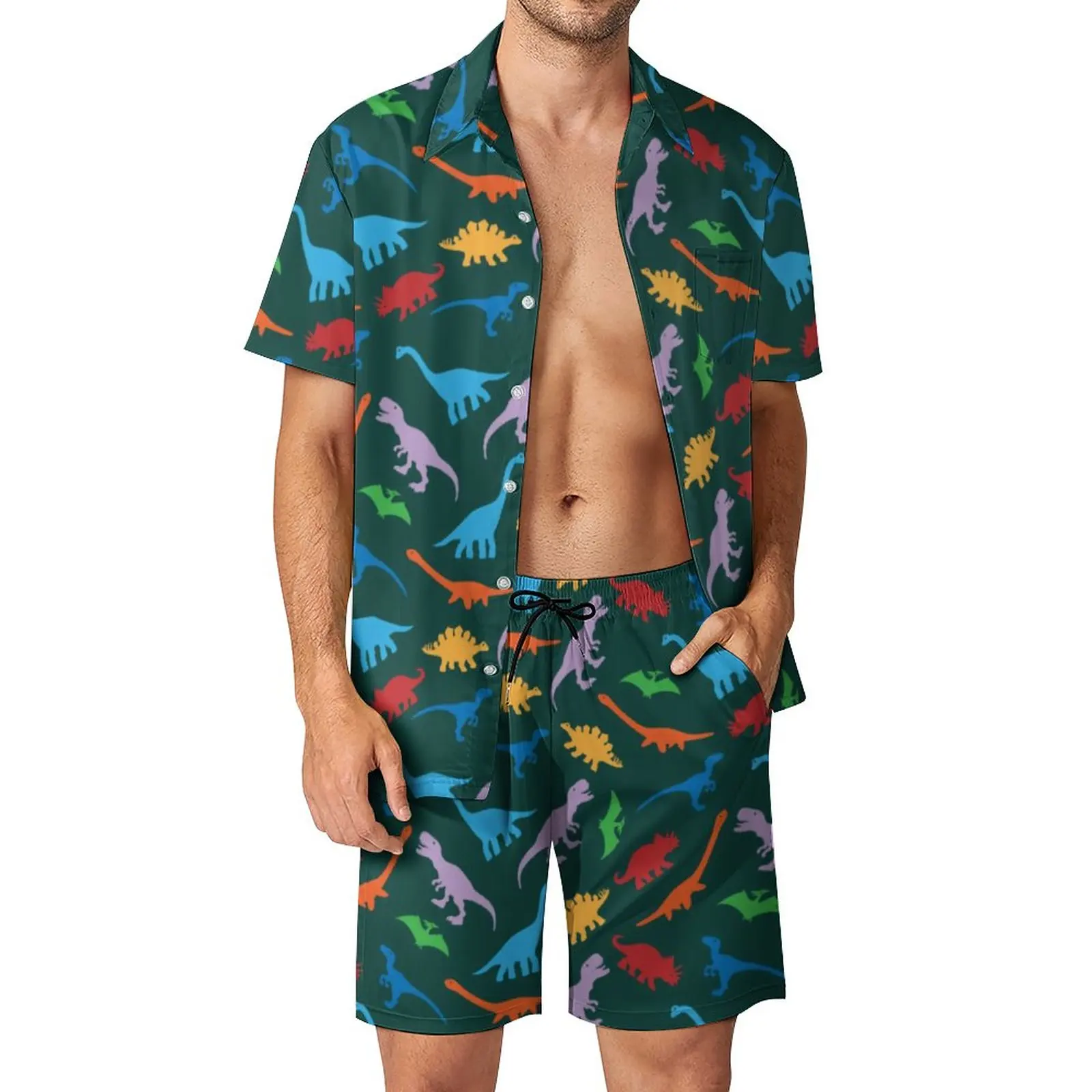 

Cartoon Dinosaur Men Sets Colorful Animal Print Casual Shirt Set Aesthetic Fitness Outdoor Shorts Custom Suit Two-piece Clothing