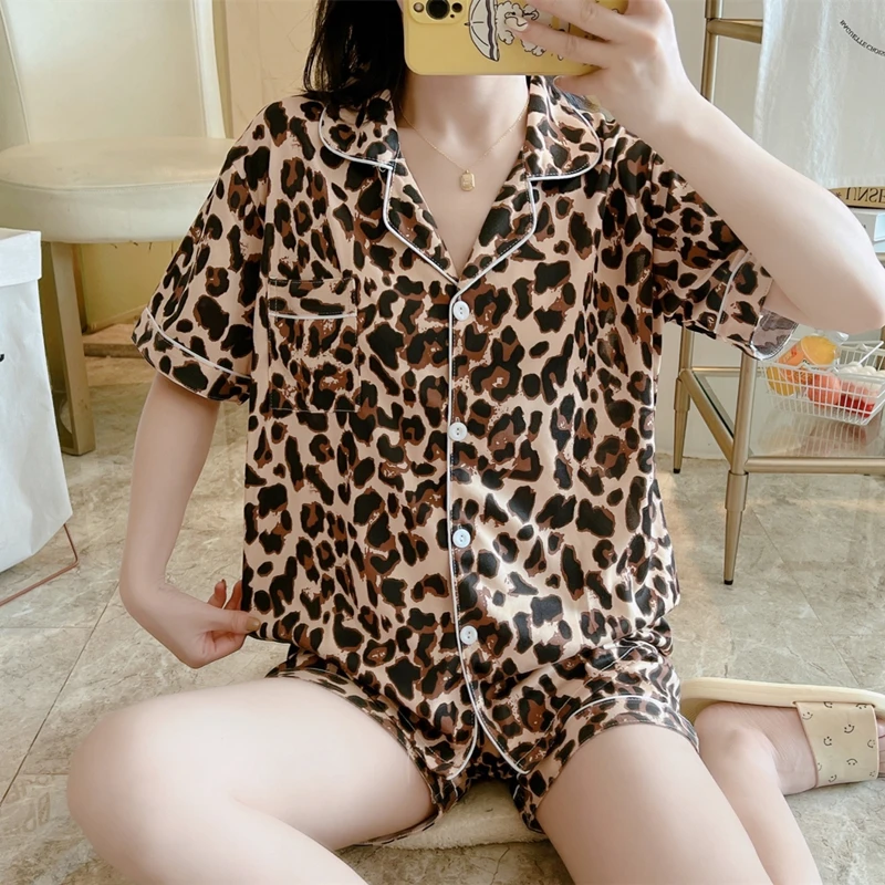 Summer Faux Silk Pajamas for Women Fashion Sexy Leopard Short Sleepwear Sets