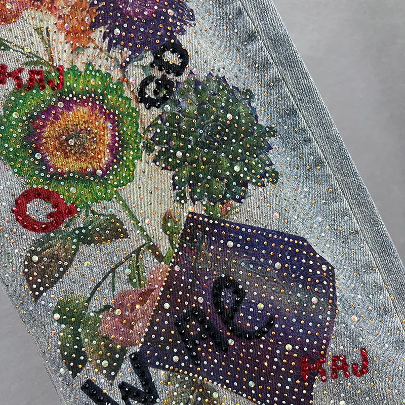 Women's Clothing Heavy Industry Diamond Embroidered Jeans 2023 Spring New Loose Slimming Printed High Waisted Jeans Female