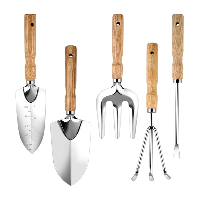 

GTBL 5 Pieces Garden Tool Set, Heavy Duty Gardening Tools With Wood Handle For Transplanting Digging, Garden Hand Tools