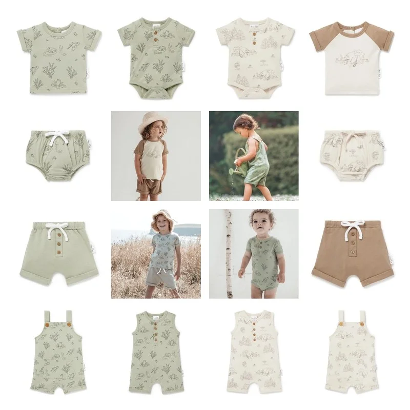 

In Stock Nordic Baby Romper One-piece Children's T-shirt Shorts Suit Frog Raccoon Series Top Sleeveless Romper Bloomers