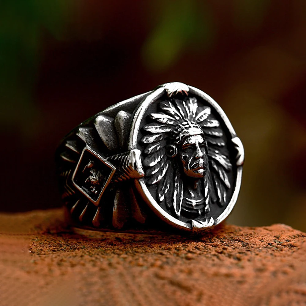 

Punk Retro Indiana Chief Ring Stainless Steel Unique Biker Amulet Men's Ring Hip Hop Party Fashion Jewelry Gifts Wholesale