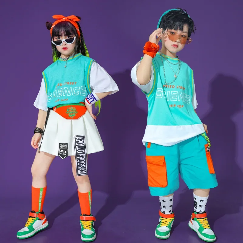 Boys Hip Hop Fake Two Pieces T-shirt Cargo Denim Shorts Girls Summer Skirt Clothes Set Kids Streetwear Child Jazz stage Costumes