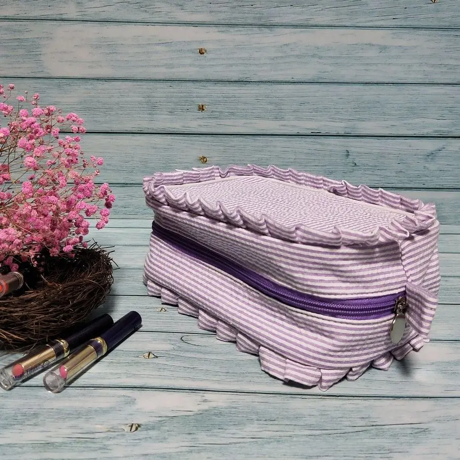 Kids Travel Bag Set Pink Seersucker Ruffle Duffle With Cosmetic Ruffle Bag For Girls Overnight Pouch Wash Bag Women Handbag 103