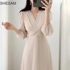 Цельнокроеное платье 2022, корейское шикарное нежное тонкое шифоновое платье выше колена с V-образным вырезом и длинным рукавом, со шнуровкой на талии