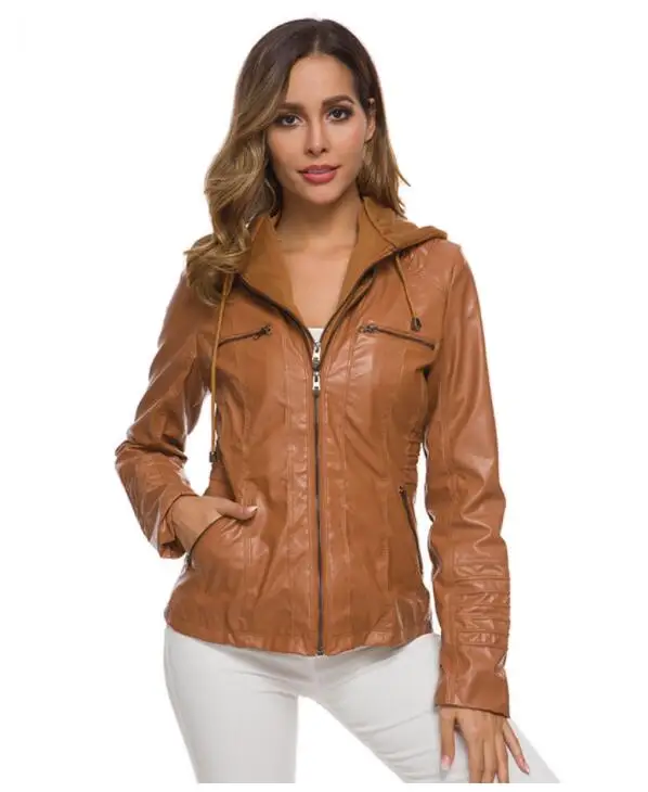 

Women Winter Double Layer Plus Fleece PU Leather Jacket Zipper Hood Pocket Coat Short Motorcycle Clothing Long Sleeve Plus Sizes