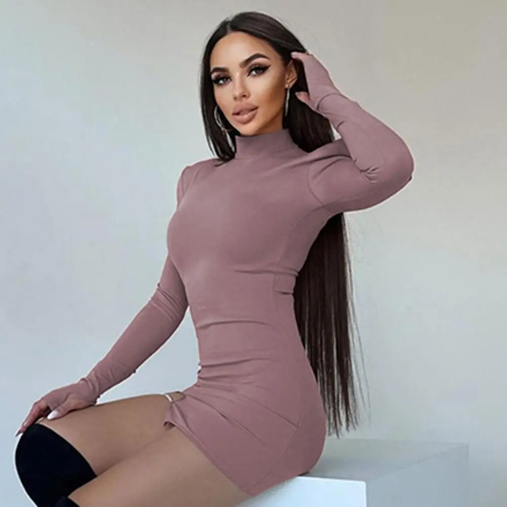 

Women Dress Slim Fit Comfortable Split Round Neck Split Ladies Dress Long Sleeve Party Dress Women Clothes