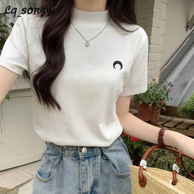 

Женская футболка с ложным воротником, белая Базовая футболка с коротким рукавом и принтом Луны, повседневный Свободный Топ, Новинка лета 2023