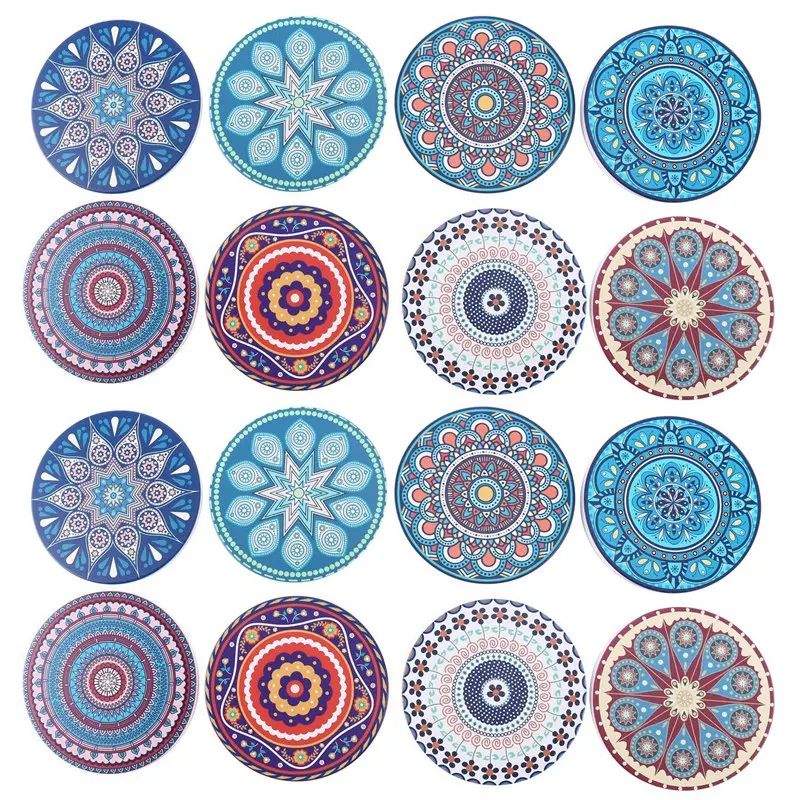 

Coasters For Drinks, Set Of 16 Absorbent Stone Coasters For Wooden Table, Mandala Ceramic Coasters With Cork Base