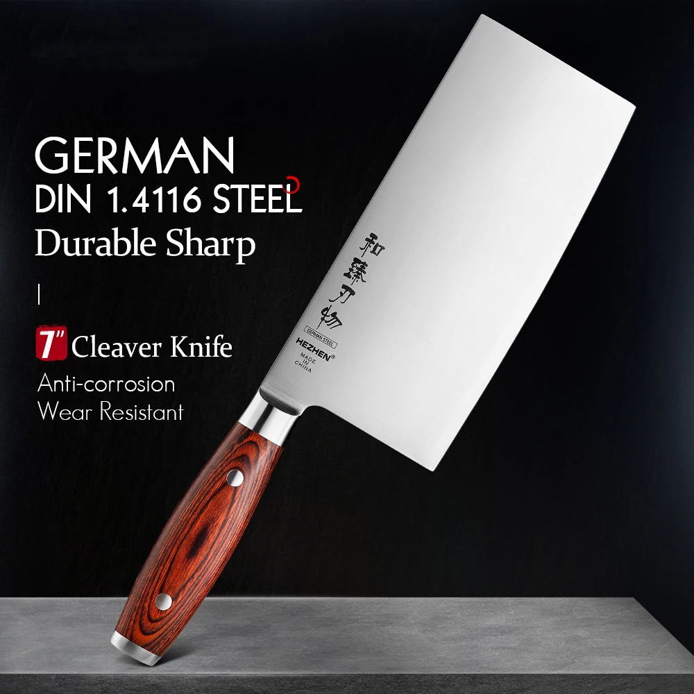 

HEZHEN 7 Inches Cleaver Knife High Quality German Molybdenum Vanadium Steel Pakka Wood Handle Kitchen Cook Slicing Knives