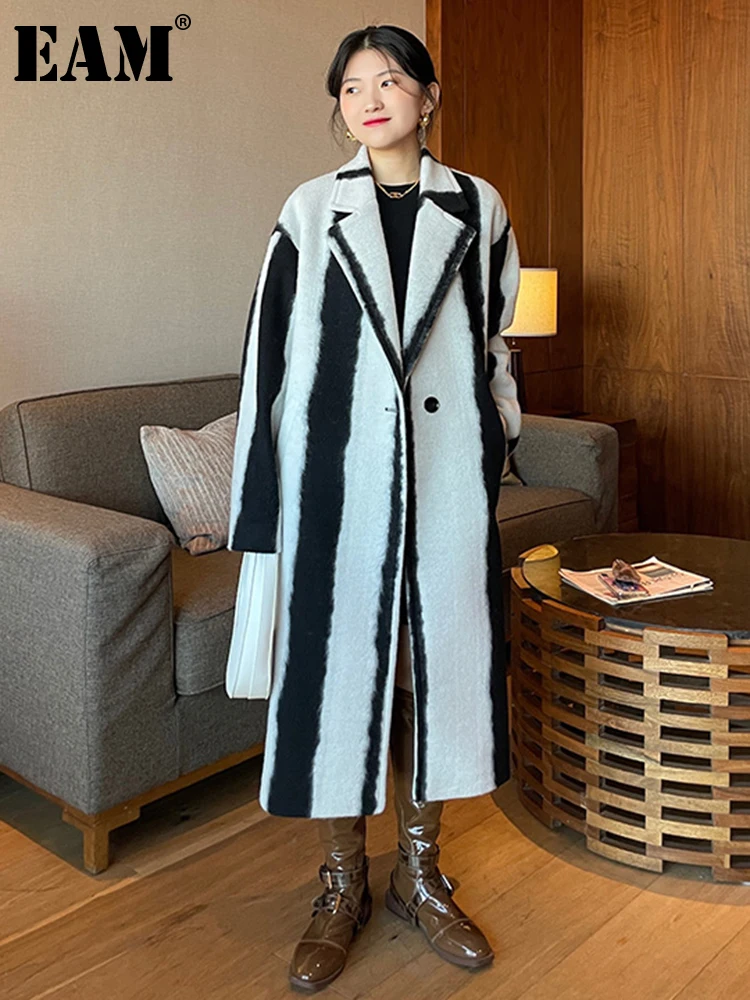 

[EAM] Loose Fit Belted Striped Big Size Long Woolen Coat Parkas New Long Sleeve Women Fashion Tide Autumn Winter 2022 1DF2171