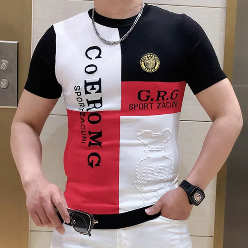 

Summer Tshirt For Men Personalized Jacquard Stitching Slim Fit Elastic Versatile Ice Silk Knitting Short Sleeve T-shirt Men Thin