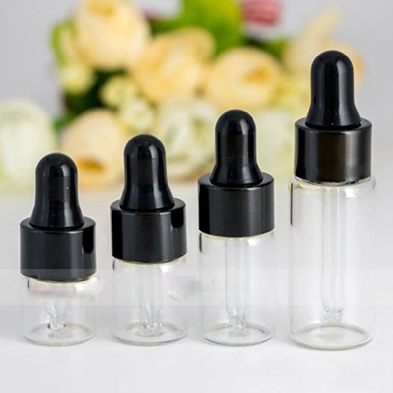 

1000pcs/lot 1ml 2ml 3ml 5ml Mini Glass Bottle Refillable Empty Clear Eye Dropper Perfume Sample Bottles With Black Gold Cap