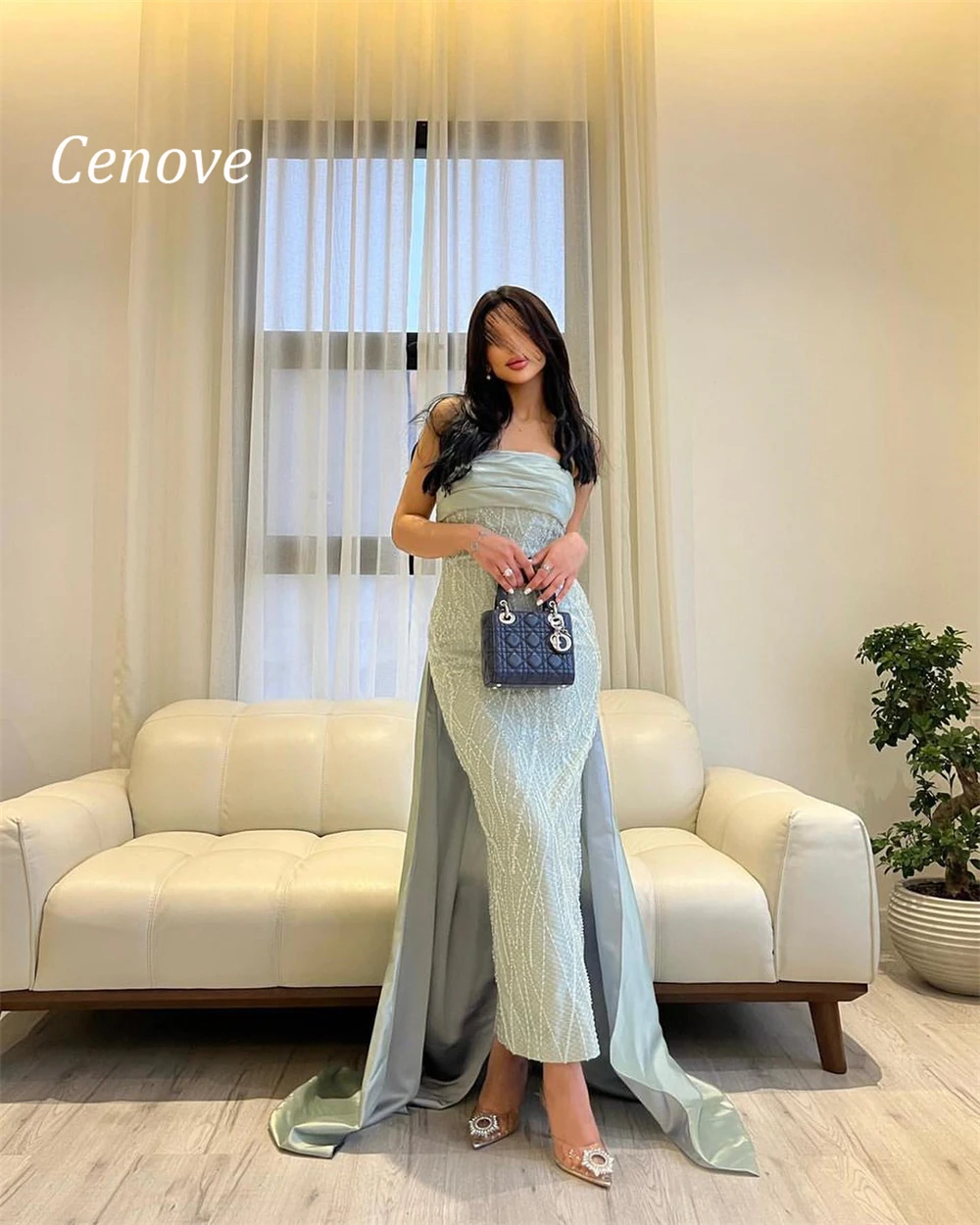 

Cenove Strapless Embroidery Chiffon Bow tie Formal Evening Gown Green Sheath New Party Elegant Dresses for Women 2023