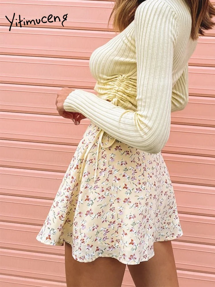 Женская мини-юбка с высокой талией желтая шифоновая трапециевидная юбка на