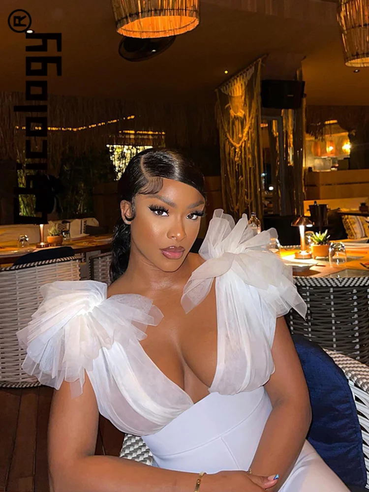 Chicology Party Club Mesh Patchwork Sexy Bodycon White Jumpsuit Festival Fashion Overalls One Piece Outfit 2022 Women Clothes