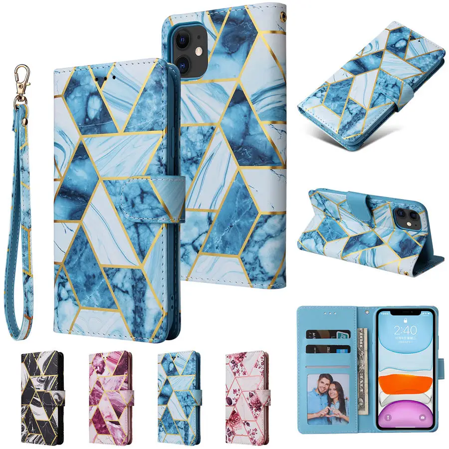 

For iPhone 13 Mini 12 5G Luxury Marble Leather Wallet Flip Case for iPhone 13 12 11 Pro Max Xs Xr 8 7 6S Plus SE 2022 Cover