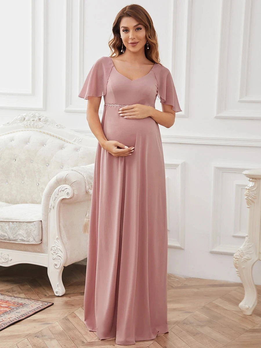 

Elegant Evening Dress V Neck Chiffon Backless Floor Length Ruffle Sleeves Ever Pretty 2022 Maternity Dresses Vestidos De Gala