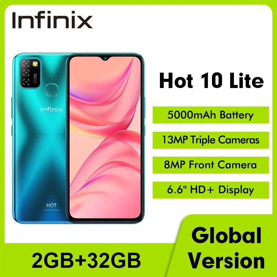 Infinix Hot 10 Lite 2 ГБ 32 X657C 6 дюймов HD + 1600*720 5000 мАч 13 МП Тройная камера Вт Зарядное