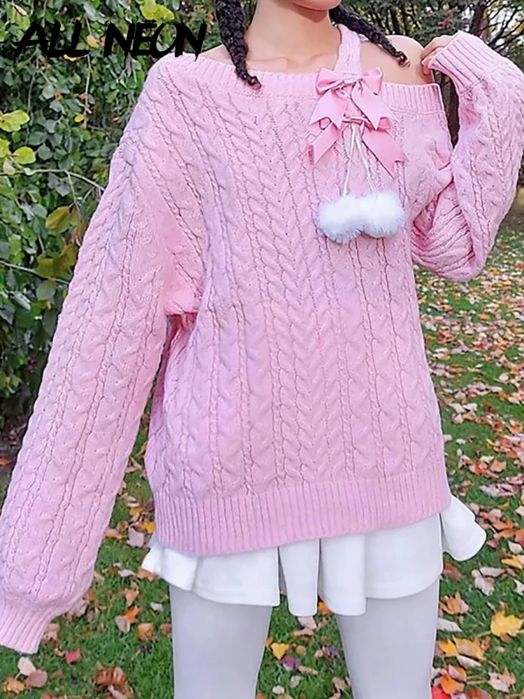 

ALLNeon 2000s Aesthetics Kawaii Bow Trim Twist One Shoulder Long Jumpers Y2K Cute Streetwear Long Sleeve Oversized Pink Sweaters