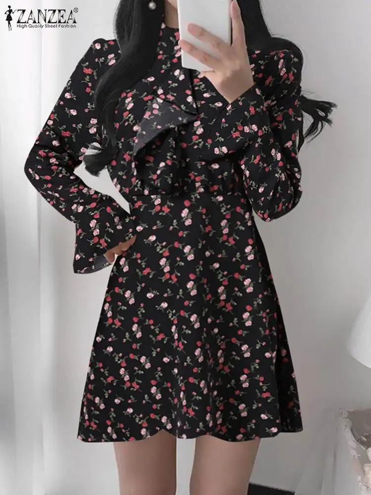 

Мини-платье ZANZEA женское с цветочным принтом, модное элегантное платье-трапеция с оборками, с завязкой сзади, с расклешенным рукавом, праздничный Халат