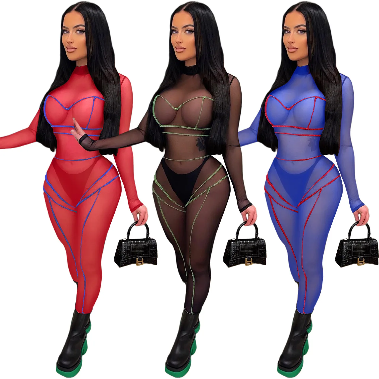 

Hottest Women Mesh Jumpsuit Nightclub Wear 2022 Sexy Stripes Printing See Through Long Sleeves Skinny Party Bodysuit